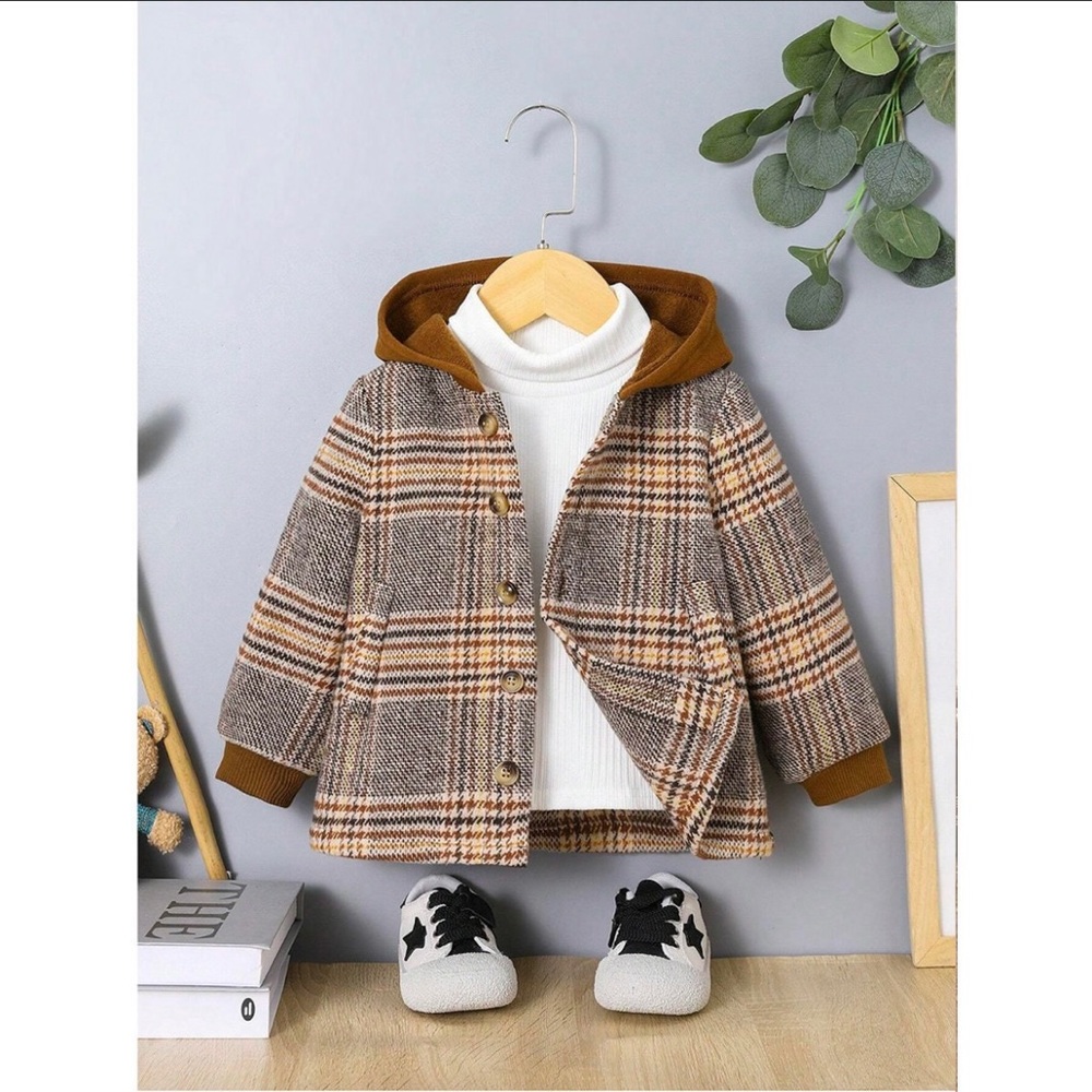 New with tags Baby Boy Brown Plaid button up flannel hooded Shirt Jacket 2-3T